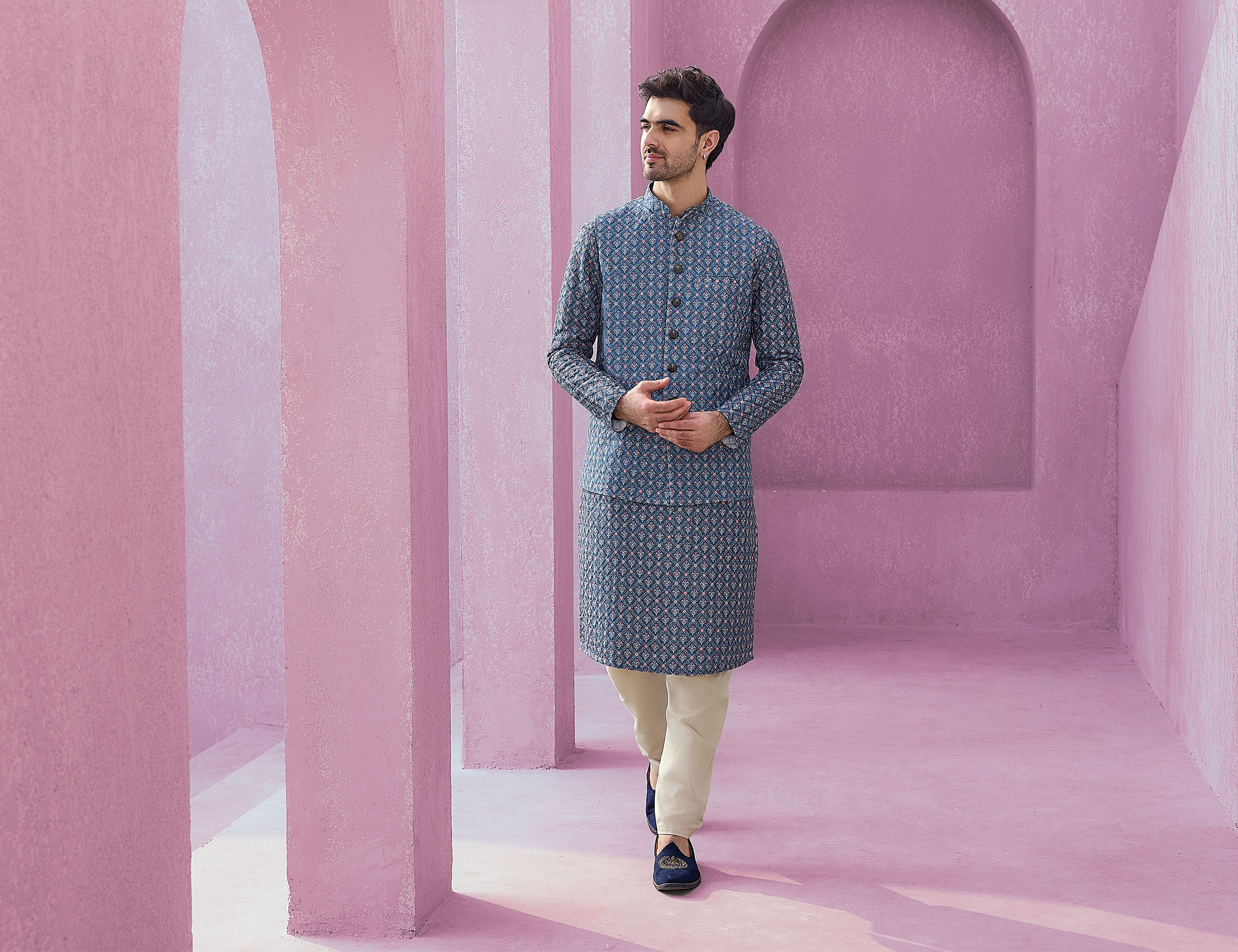 men wearing Light Blue Elegance Kurta Jacket Set